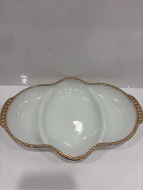 Vintage federal glass milk glass and gold divided tray made in USA relish tray